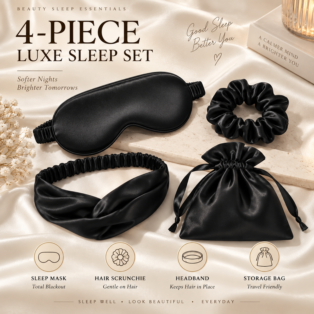 🌙Elarvona™ Luxe Satin Beauty Sleep Set – 4-Piece Night Ritual