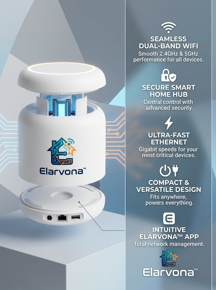 Elarvona™ CoreLink Secure Smart Home Hub – Dual-Band WiFi Control Center with Gigabit Ethernet, App Management & Compact Modular Design